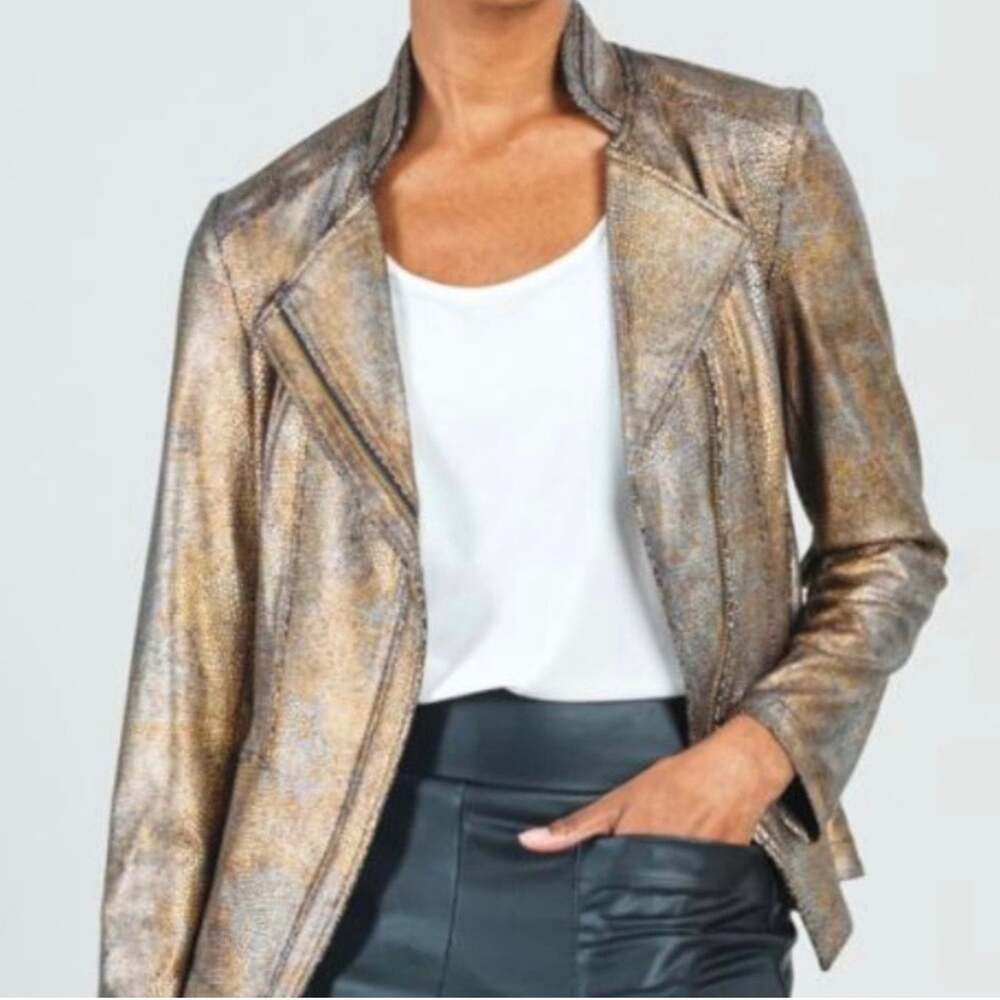 NWOT Clara Sun Woo Liquid Leather Moto Jacket Small Metallic Gold Bronze